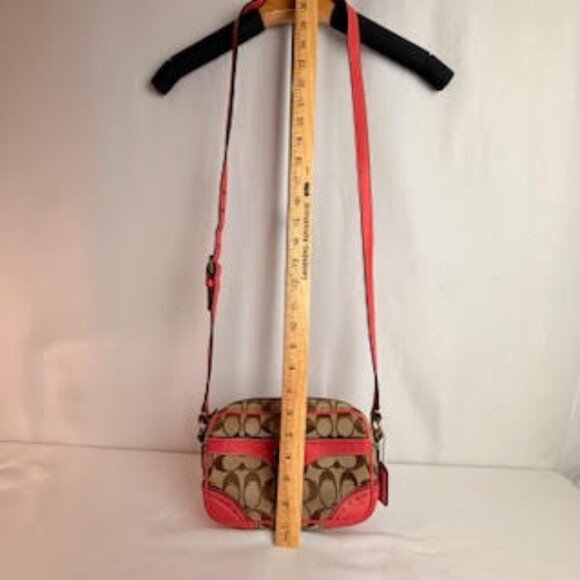Coach Signature Canvas Leather Crossbody Bag Y2K Khaki Raspberry Red Trim 10568 - Picture 9 of 11